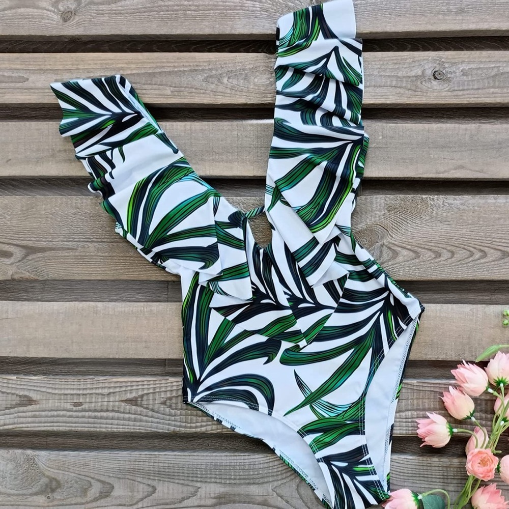 SPORLIKE Women One Piece Swimsuit V-Neck Ruffle Bathing Suit Padded Monokini